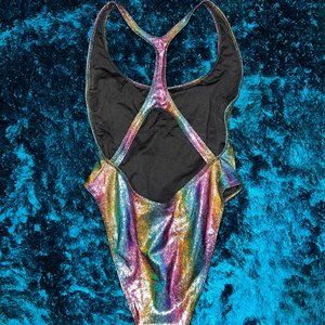 Forever 21 Bodysuit Rainbow Shimmer Metallic Open Back Cross Medium Rave